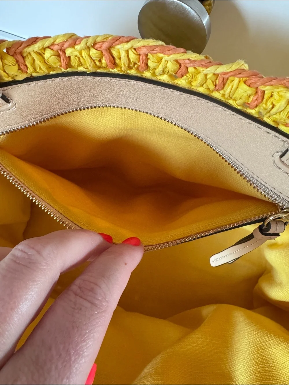 Tory Burch Yellow and Pink Straw Tote with Tassel Charm
